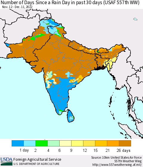 Southern Asia Number of Days Since a Rain Day in past 30 days (USAF 557th WW) Thematic Map For 12/5/2022 - 12/11/2022