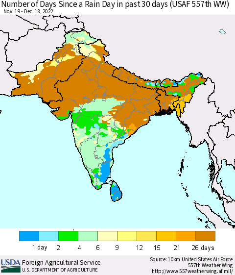 Southern Asia Number of Days Since a Rain Day in past 30 days (USAF 557th WW) Thematic Map For 12/12/2022 - 12/18/2022