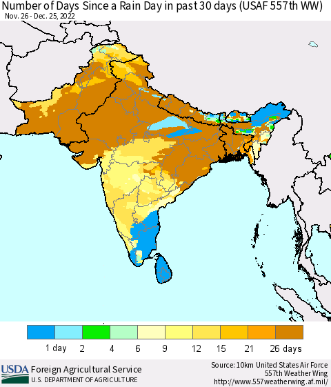Southern Asia Number of Days Since a Rain Day in past 30 days (USAF 557th WW) Thematic Map For 12/19/2022 - 12/25/2022