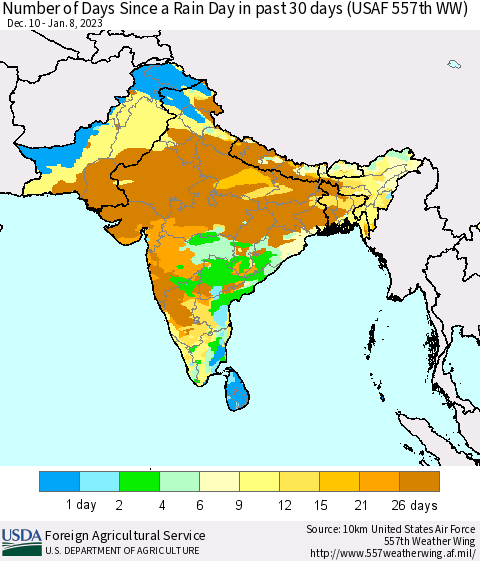 Southern Asia Number of Days Since a Rain Day in past 30 days (USAF 557th WW) Thematic Map For 1/2/2023 - 1/8/2023