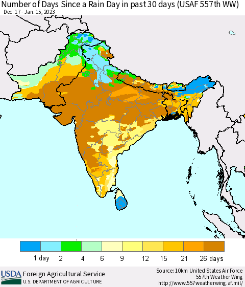 Southern Asia Number of Days Since a Rain Day in past 30 days (USAF 557th WW) Thematic Map For 1/9/2023 - 1/15/2023