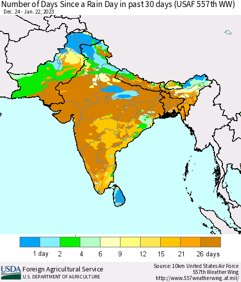 Southern Asia Number of Days Since a Rain Day in past 30 days (USAF 557th WW) Thematic Map For 1/16/2023 - 1/22/2023