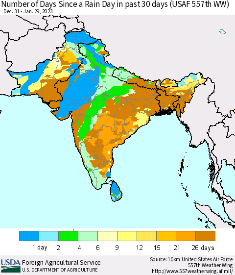 Southern Asia Number of Days Since a Rain Day in past 30 days (USAF 557th WW) Thematic Map For 1/23/2023 - 1/29/2023