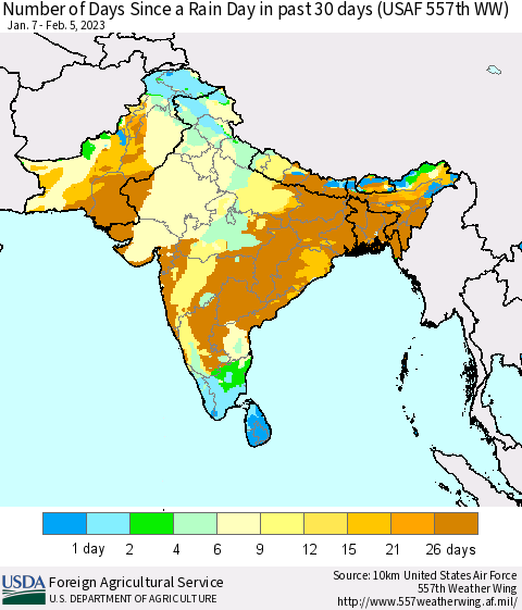 Southern Asia Number of Days Since a Rain Day in past 30 days (USAF 557th WW) Thematic Map For 1/30/2023 - 2/5/2023