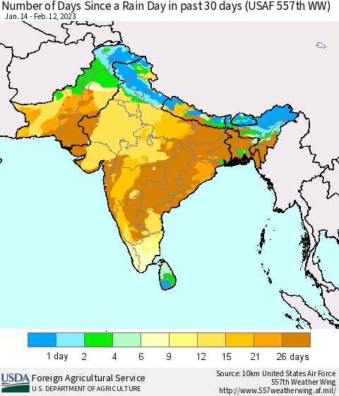 Southern Asia Number of Days Since a Rain Day in past 30 days (USAF 557th WW) Thematic Map For 2/6/2023 - 2/12/2023