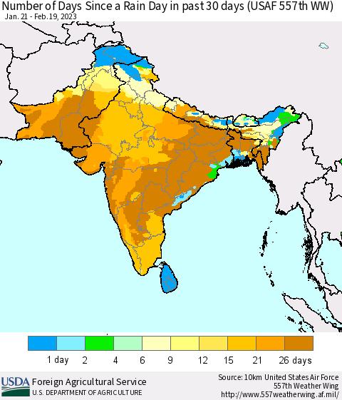 Southern Asia Number of Days Since a Rain Day in past 30 days (USAF 557th WW) Thematic Map For 2/13/2023 - 2/19/2023