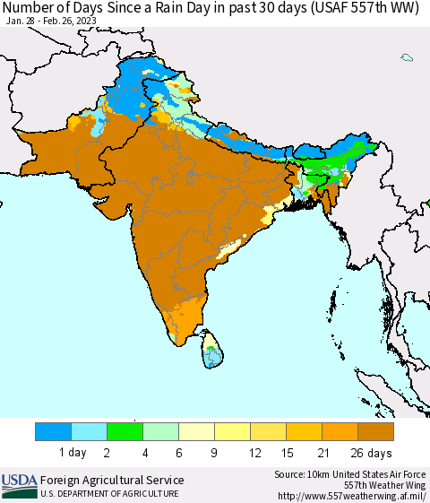 Southern Asia Number of Days Since a Rain Day in past 30 days (USAF 557th WW) Thematic Map For 2/20/2023 - 2/26/2023