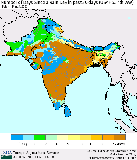 Southern Asia Number of Days Since a Rain Day in past 30 days (USAF 557th WW) Thematic Map For 2/27/2023 - 3/5/2023