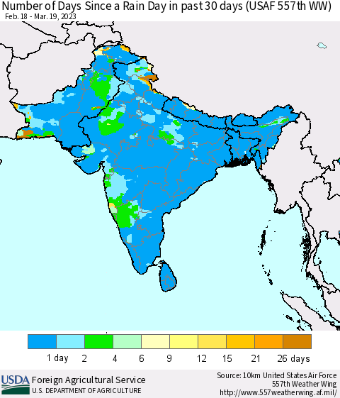 Southern Asia Number of Days Since a Rain Day in past 30 days (USAF 557th WW) Thematic Map For 3/13/2023 - 3/19/2023