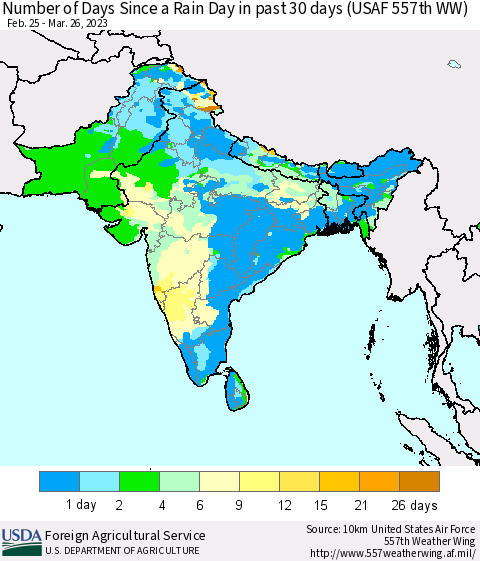 Southern Asia Number of Days Since a Rain Day in past 30 days (USAF 557th WW) Thematic Map For 3/20/2023 - 3/26/2023