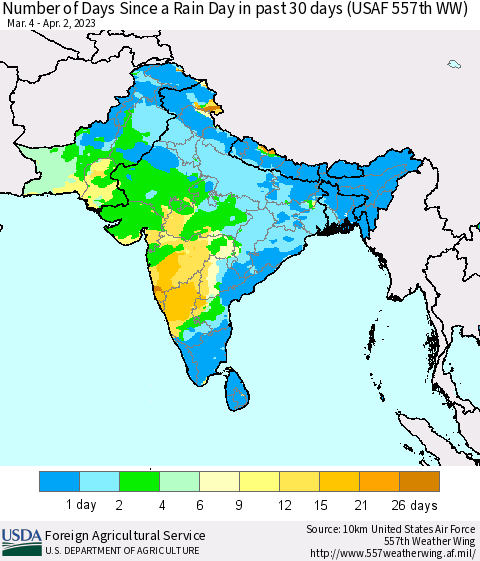 Southern Asia Number of Days Since a Rain Day in past 30 days (USAF 557th WW) Thematic Map For 3/27/2023 - 4/2/2023