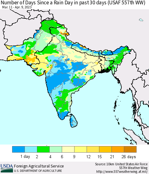 Southern Asia Number of Days Since a Rain Day in past 30 days (USAF 557th WW) Thematic Map For 4/3/2023 - 4/9/2023