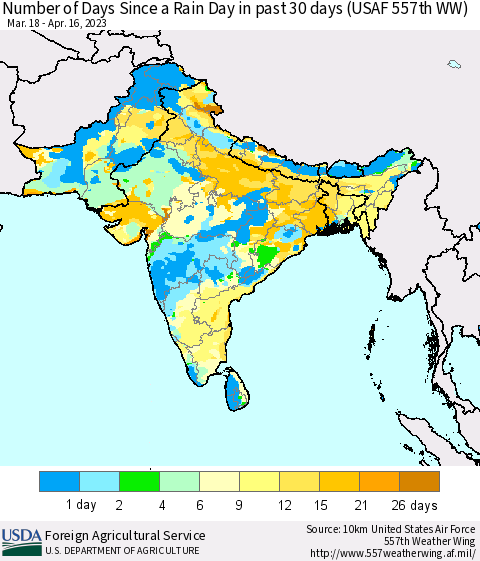 Southern Asia Number of Days Since a Rain Day in past 30 days (USAF 557th WW) Thematic Map For 4/10/2023 - 4/16/2023