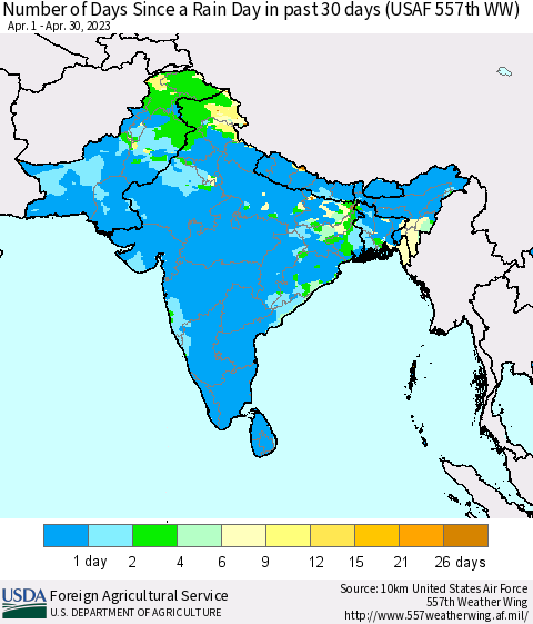 Southern Asia Number of Days Since a Rain Day in past 30 days (USAF 557th WW) Thematic Map For 4/24/2023 - 4/30/2023