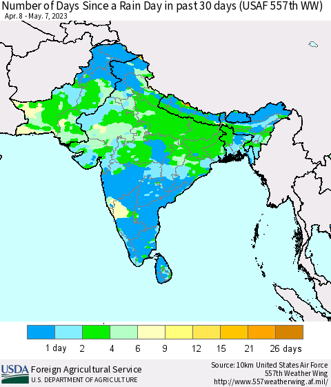 Southern Asia Number of Days Since a Rain Day in past 30 days (USAF 557th WW) Thematic Map For 5/1/2023 - 5/7/2023