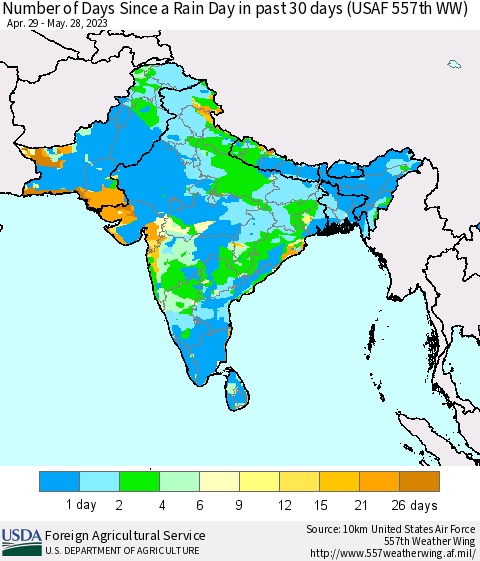 Southern Asia Number of Days Since a Rain Day in past 30 days (USAF 557th WW) Thematic Map For 5/22/2023 - 5/28/2023
