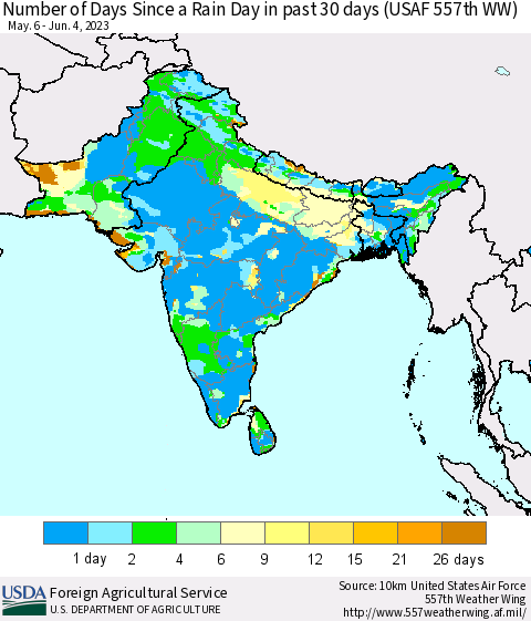 Southern Asia Number of Days Since a Rain Day in past 30 days (USAF 557th WW) Thematic Map For 5/29/2023 - 6/4/2023