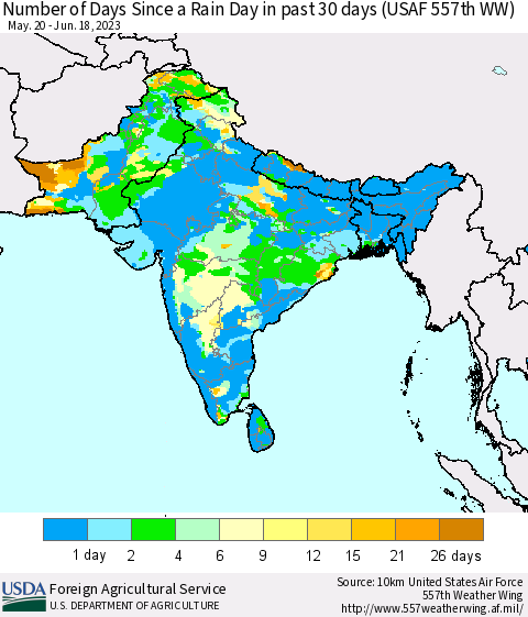 Southern Asia Number of Days Since a Rain Day in past 30 days (USAF 557th WW) Thematic Map For 6/12/2023 - 6/18/2023