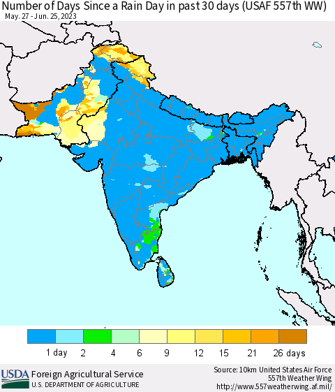 Southern Asia Number of Days Since a Rain Day in past 30 days (USAF 557th WW) Thematic Map For 6/19/2023 - 6/25/2023