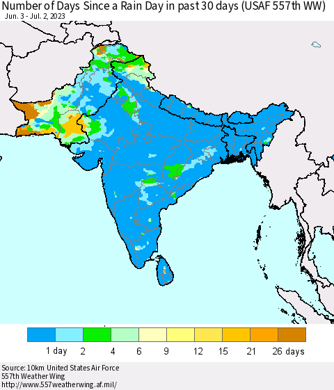 Southern Asia Number of Days Since a Rain Day in past 30 days (USAF 557th WW) Thematic Map For 6/26/2023 - 7/2/2023