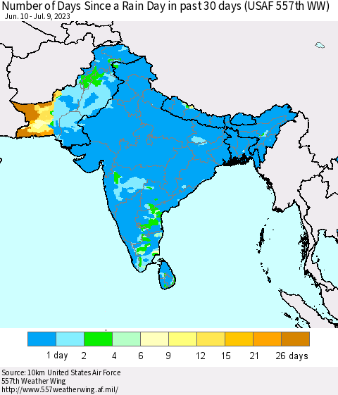 Southern Asia Number of Days Since a Rain Day in past 30 days (USAF 557th WW) Thematic Map For 7/3/2023 - 7/9/2023
