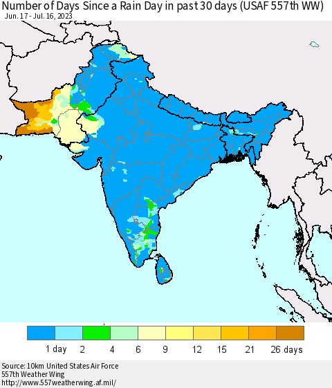 Southern Asia Number of Days Since a Rain Day in past 30 days (USAF 557th WW) Thematic Map For 7/10/2023 - 7/16/2023
