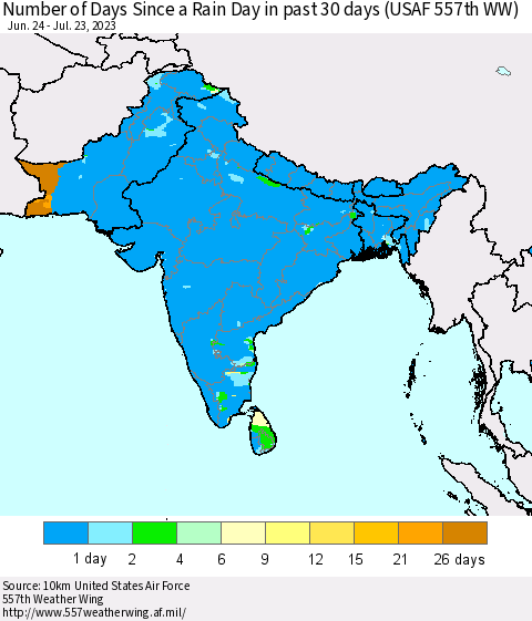 Southern Asia Number of Days Since a Rain Day in past 30 days (USAF 557th WW) Thematic Map For 7/17/2023 - 7/23/2023