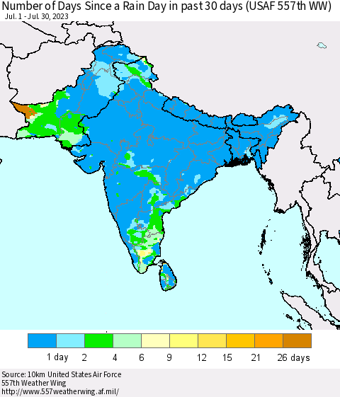 Southern Asia Number of Days Since a Rain Day in past 30 days (USAF 557th WW) Thematic Map For 7/24/2023 - 7/30/2023