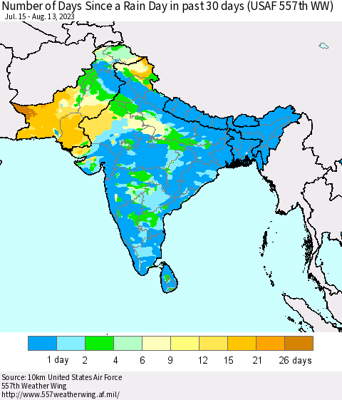 Southern Asia Number of Days Since a Rain Day in past 30 days (USAF 557th WW) Thematic Map For 8/7/2023 - 8/13/2023