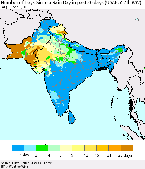 Southern Asia Number of Days Since a Rain Day in past 30 days (USAF 557th WW) Thematic Map For 8/28/2023 - 9/3/2023