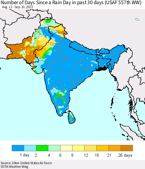 Southern Asia Number of Days Since a Rain Day in past 30 days (USAF 557th WW) Thematic Map For 9/4/2023 - 9/10/2023