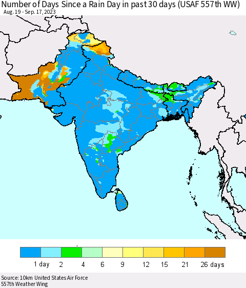 Southern Asia Number of Days Since a Rain Day in past 30 days (USAF 557th WW) Thematic Map For 9/11/2023 - 9/17/2023