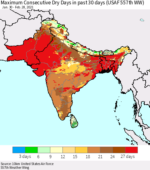 Southern Asia Maximum Consecutive Dry Days in past 30 days (USAF 557th WW) 02/28/2021 Thematic Map For 2/26/2021 - 2/28/2021