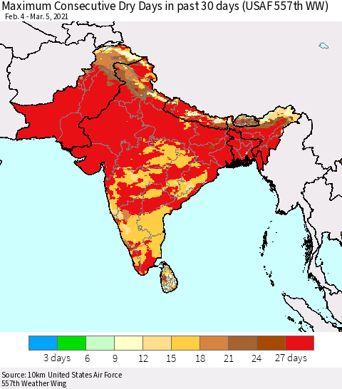 Southern Asia Maximum Consecutive Dry Days in past 30 days (USAF 557th WW) 03/05/2021 Thematic Map For 3/1/2021 - 3/5/2021