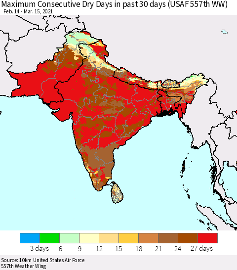 Southern Asia Maximum Consecutive Dry Days in past 30 days (USAF 557th WW) 03/15/2021 Thematic Map For 3/11/2021 - 3/15/2021