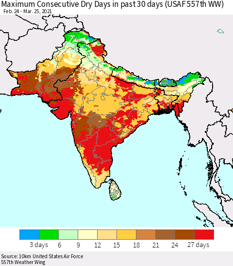 Southern Asia Maximum Consecutive Dry Days in past 30 days (USAF 557th WW) 03/25/2021 Thematic Map For 3/21/2021 - 3/25/2021