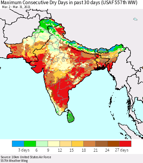 Southern Asia Maximum Consecutive Dry Days in past 30 days (USAF 557th WW) 03/31/2021 Thematic Map For 3/26/2021 - 3/31/2021