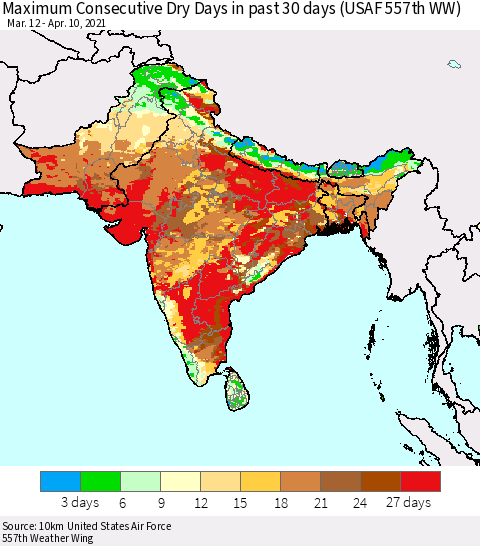 Southern Asia Maximum Consecutive Dry Days in past 30 days (USAF 557th WW) 04/10/2021 Thematic Map For 4/6/2021 - 4/10/2021
