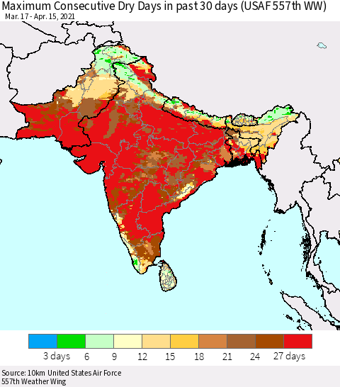 Southern Asia Maximum Consecutive Dry Days in past 30 days (USAF 557th WW) 04/15/2021 Thematic Map For 4/11/2021 - 4/15/2021