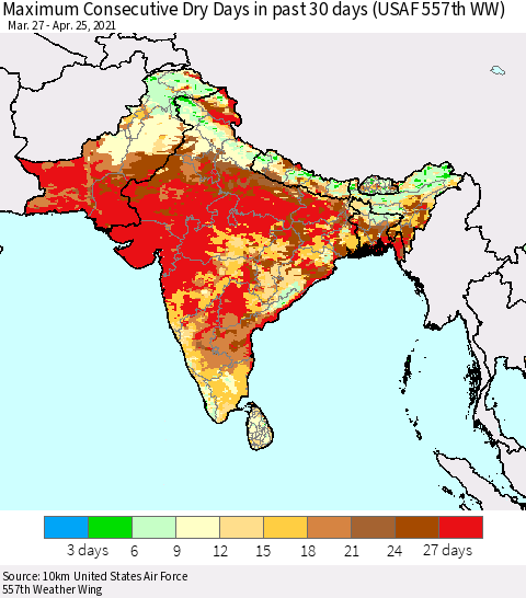 Southern Asia Maximum Consecutive Dry Days in past 30 days (USAF 557th WW) 04/25/2021 Thematic Map For 4/21/2021 - 4/25/2021