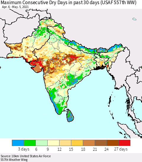 Southern Asia Maximum Consecutive Dry Days in past 30 days (USAF 557th WW) 05/05/2021 Thematic Map For 5/1/2021 - 5/5/2021
