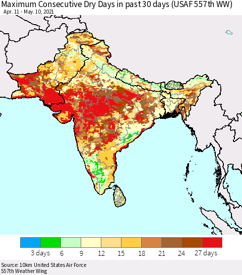 Southern Asia Maximum Consecutive Dry Days in past 30 days (USAF 557th WW) 05/10/2021 Thematic Map For 5/6/2021 - 5/10/2021