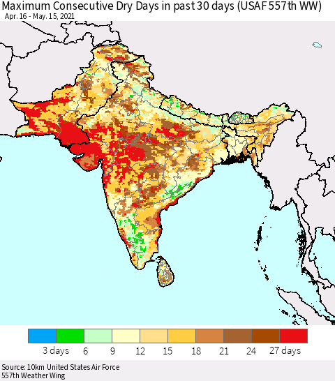 Southern Asia Maximum Consecutive Dry Days in past 30 days (USAF 557th WW) 05/15/2021 Thematic Map For 5/11/2021 - 5/15/2021