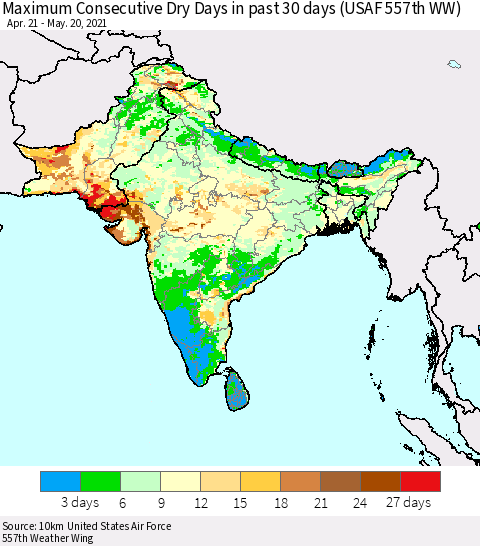 Southern Asia Maximum Consecutive Dry Days in past 30 days (USAF 557th WW) 05/20/2021 Thematic Map For 5/16/2021 - 5/20/2021