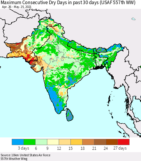 Southern Asia Maximum Consecutive Dry Days in past 30 days (USAF 557th WW) 05/25/2021 Thematic Map For 5/21/2021 - 5/25/2021