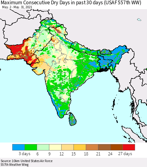 Southern Asia Maximum Consecutive Dry Days in past 30 days (USAF 557th WW) 05/31/2021 Thematic Map For 5/26/2021 - 5/31/2021