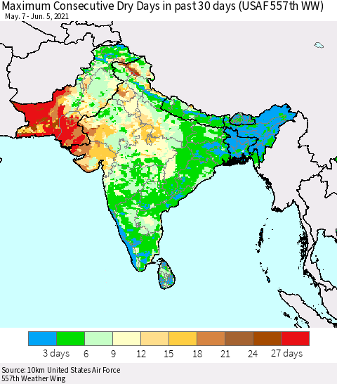 Southern Asia Maximum Consecutive Dry Days in past 30 days (USAF 557th WW) 06/05/2021 Thematic Map For 6/1/2021 - 6/5/2021