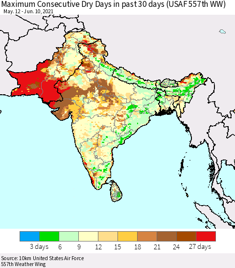 Southern Asia Maximum Consecutive Dry Days in past 30 days (USAF 557th WW) 06/10/2021 Thematic Map For 6/6/2021 - 6/10/2021