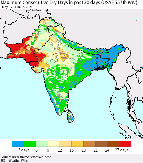 Southern Asia Maximum Consecutive Dry Days in past 30 days (USAF 557th WW) 06/15/2021 Thematic Map For 6/11/2021 - 6/15/2021