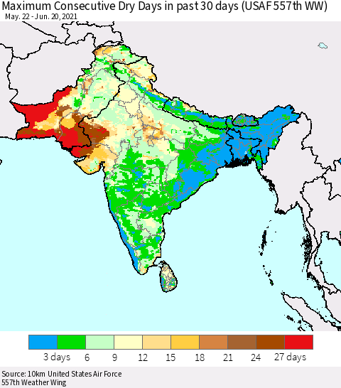 Southern Asia Maximum Consecutive Dry Days in past 30 days (USAF 557th WW) 06/20/2021 Thematic Map For 6/16/2021 - 6/20/2021